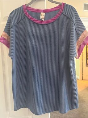 7th Ray Blue Knit Tee with Pink and Peach Trim